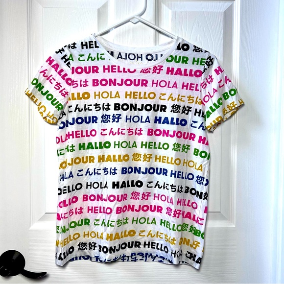 ⭐️ Kate Spade Hello Bon Jour Multicultural Short Sleeve Tee EUC Size EXTRA SMALL - Picture 2 of 9